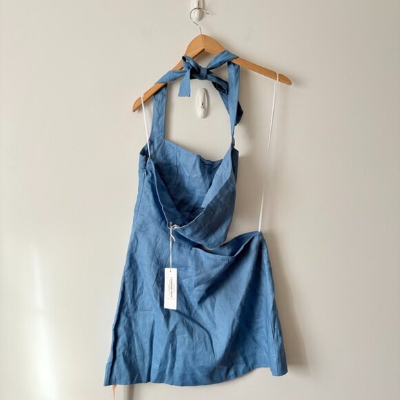 Reformation Valli Linen Halter Cut Out Mini Dress NWT Parisian Blue Size 8 - Picture 6 of 9